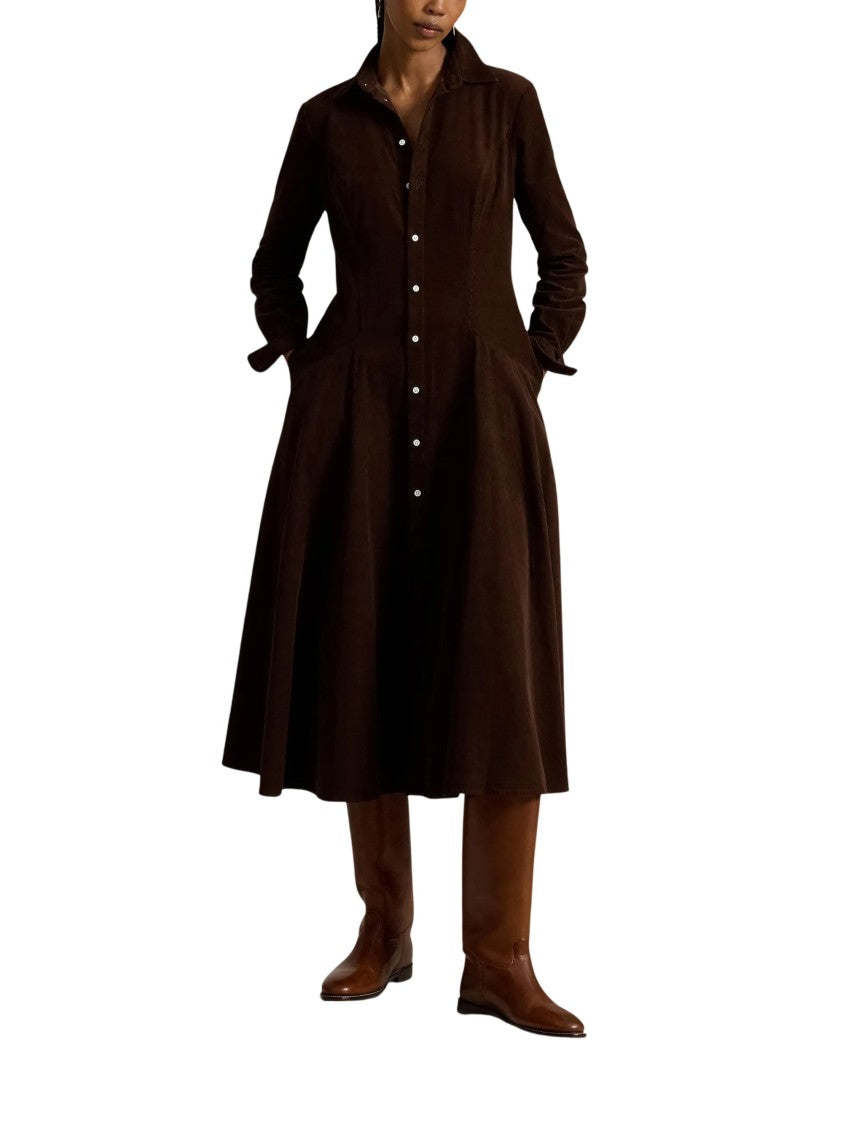 Polo Ralph Lauren Corduroy Shirt Midi Dress With Pearl-Like Buttons And Flared Skirt