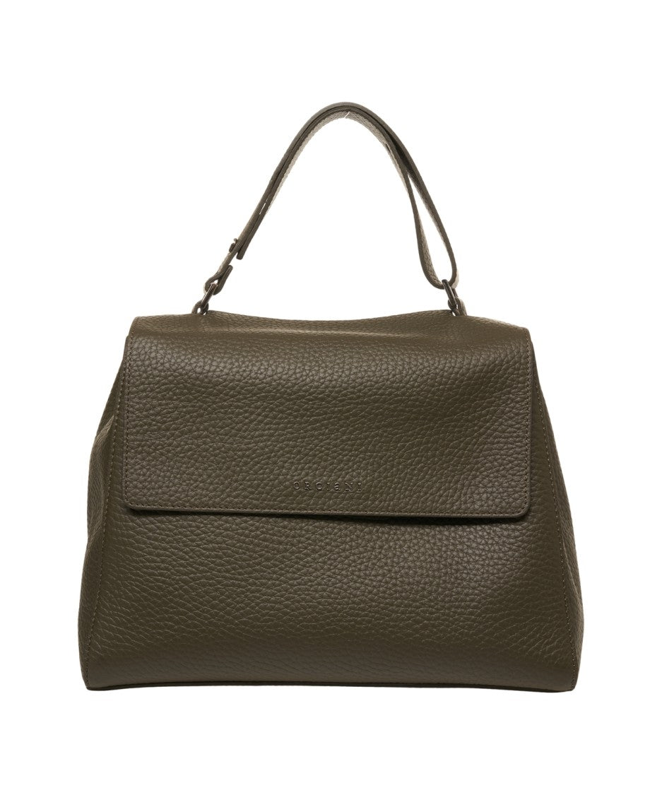 Orciani Hammered Leather Structured Handbag With Magnetic Flap Closure