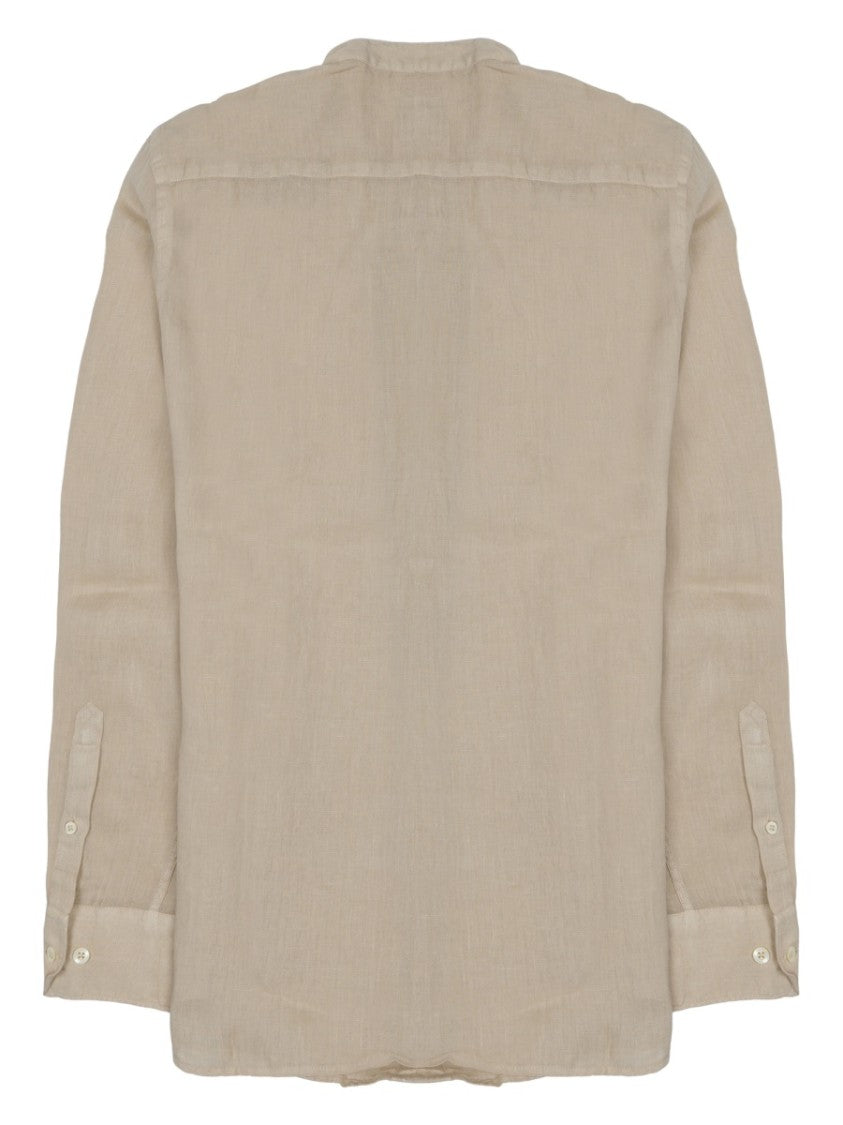 120% Lino Beige Mandarin Collar Linen Casual Shirt