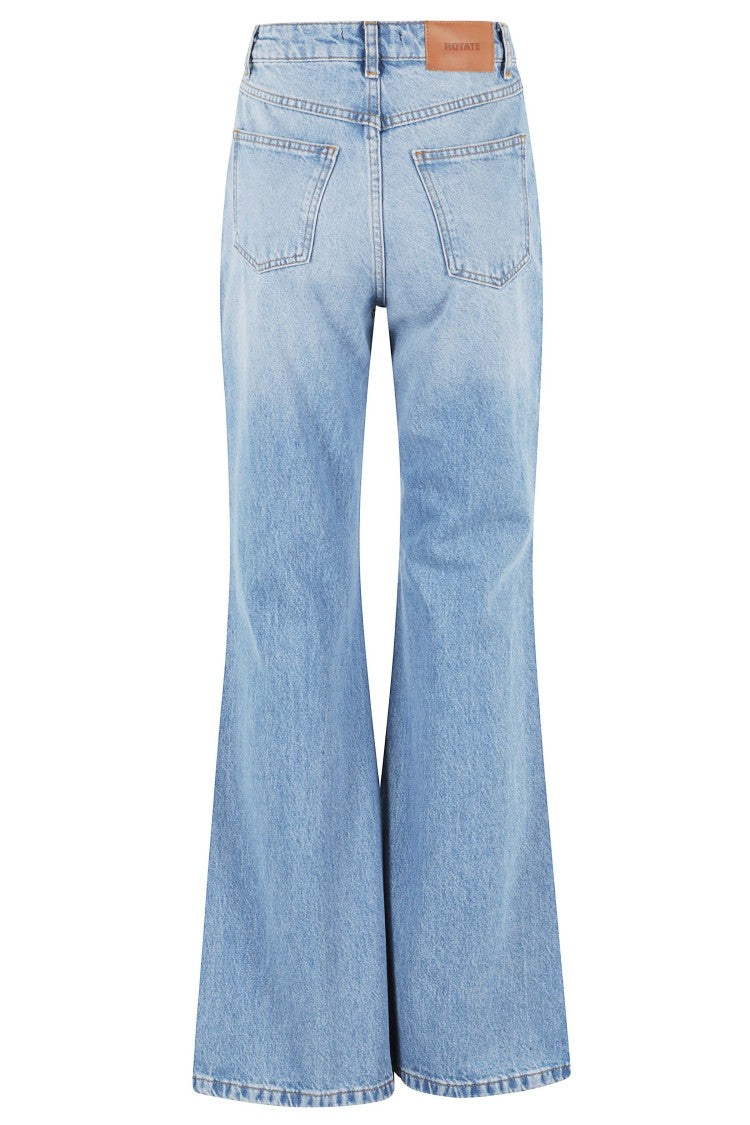 Rotate Light Indigo Flared Highwaisted Decorative-Pockets Cotton Jeans