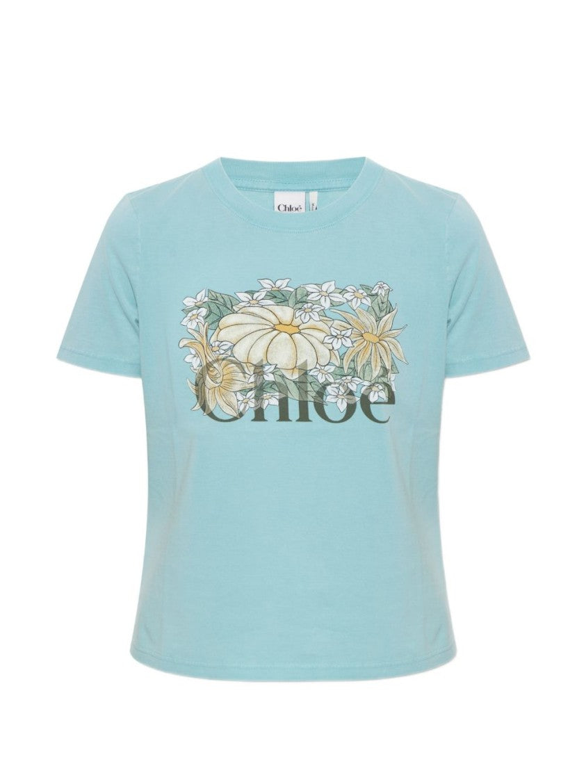 Chloé Light Blue Cotton Floral Graphic T-Shirt
