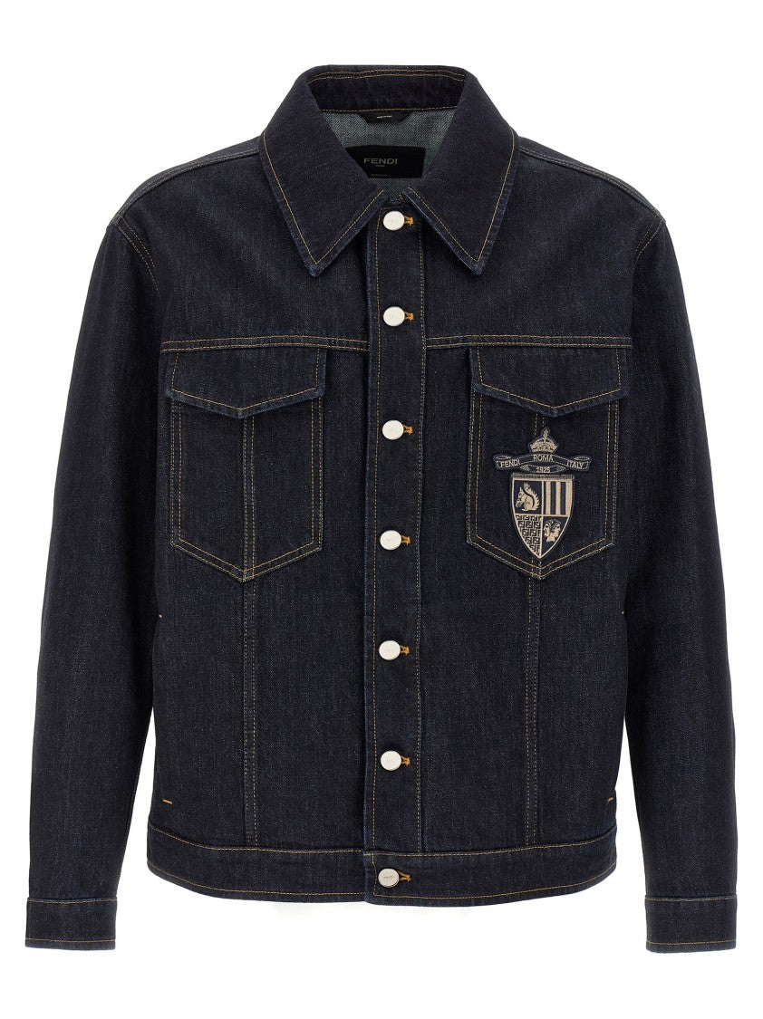 Fendi Fendi Crest Embroidered Denim Jacket With Contrast Stitching