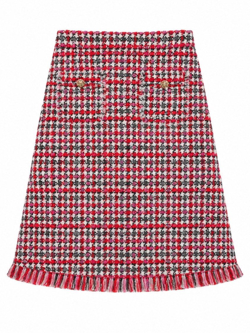 Self-Portrait Red Houndstooth Tweed Gold Button A-Line Midi Skirt