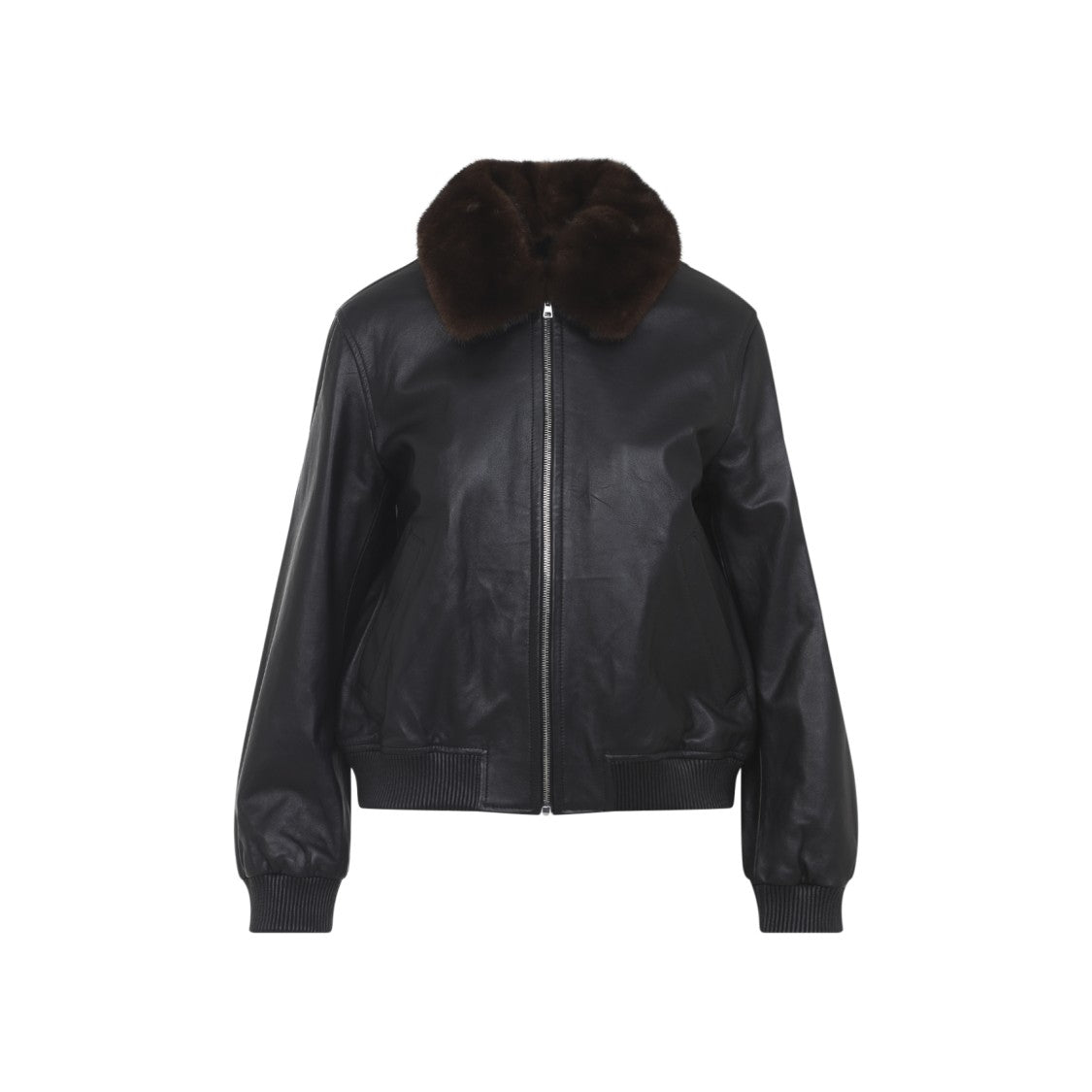 Yves Salomon Leather Jacket With Plush Fur Collar And Ribbed Hem