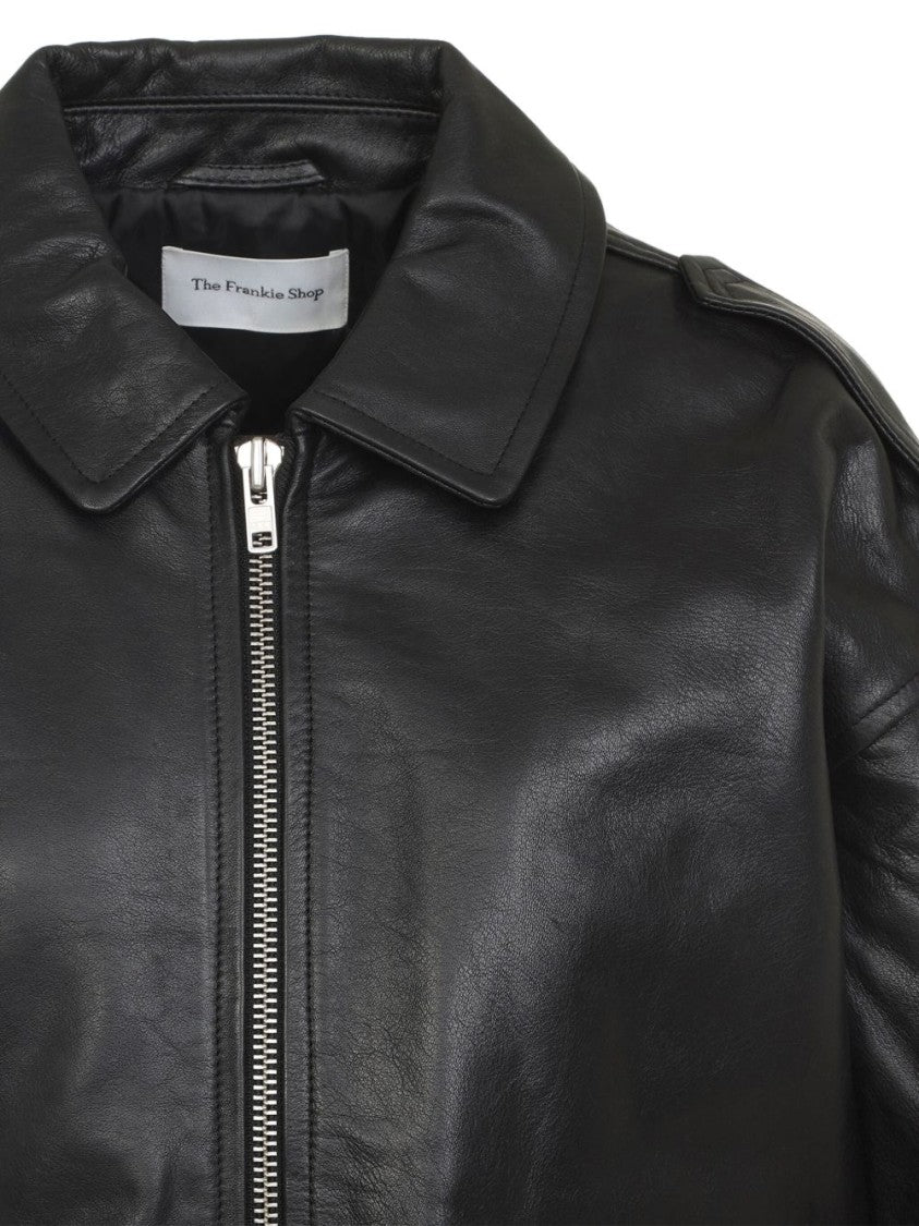 The Frankie Shop Black Viper Oversized Boxy Leather Jacket