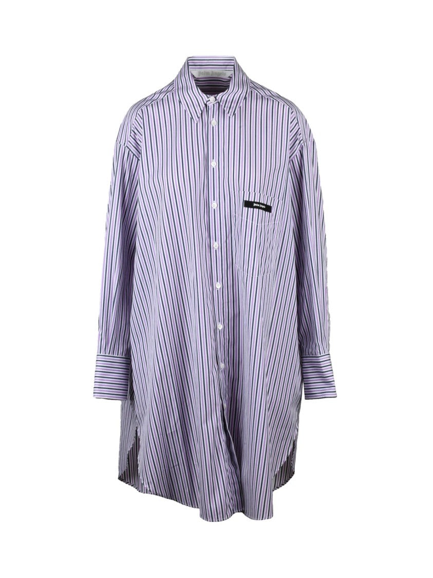 Palm Angels Oversized Cotton Shirt Dress With Vertical Stripes And Bold Branding