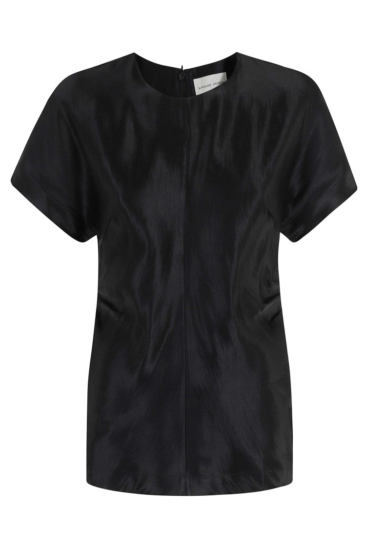Loulou De Saison Pero Black Draped Linen-Silk Short-Sleeve Blouse