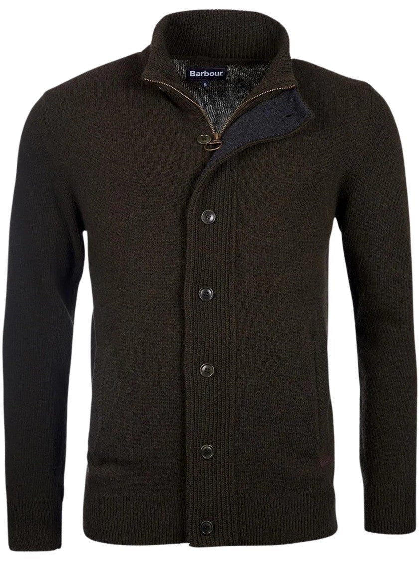Barbour Dark Knit Zip-Through Sweater With Ribbed Collar And Elbow Patches