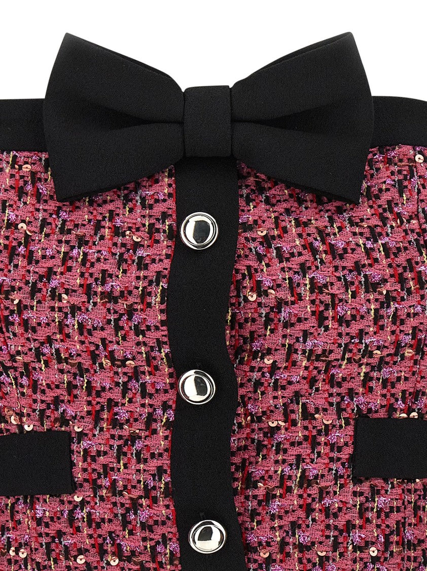 Alessandra Rich Wool Blend Tweed Top With Micro-Sequin Embroidery And Bow Detail