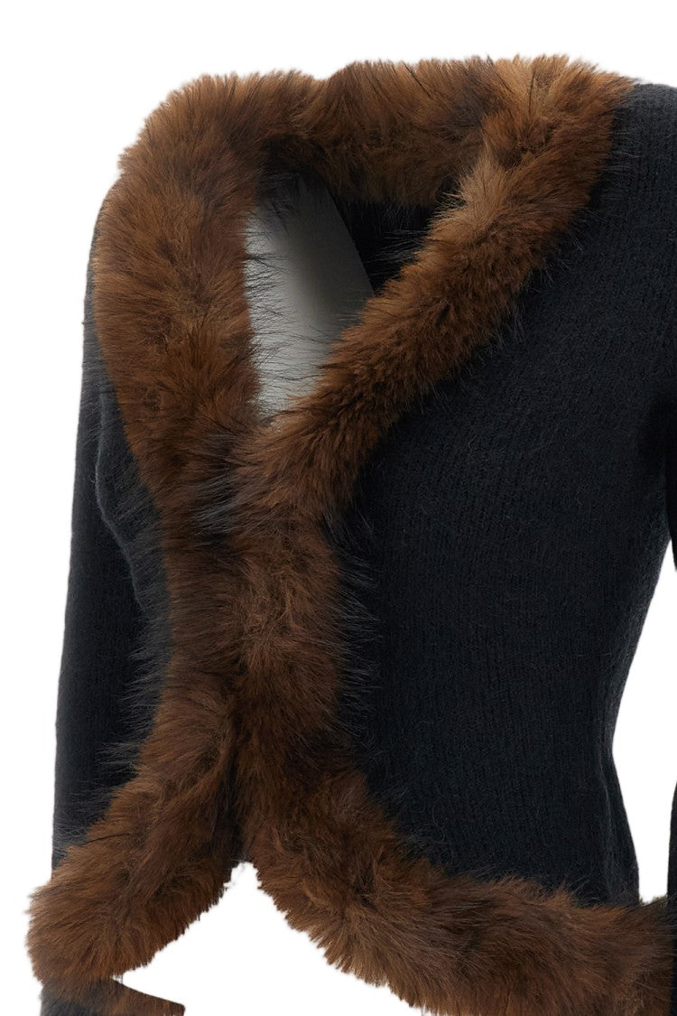 Self-Portrait Curved Hem Cardigan With Faux Fur Trim