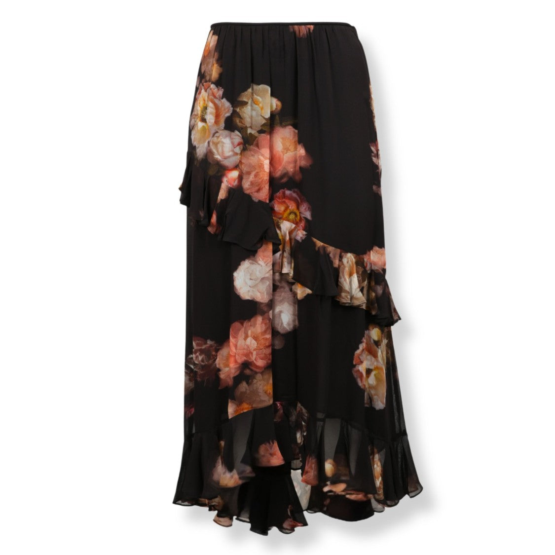 Zimmermann Asymmetric Floral Print Midi Skirt With Layered Ruffles