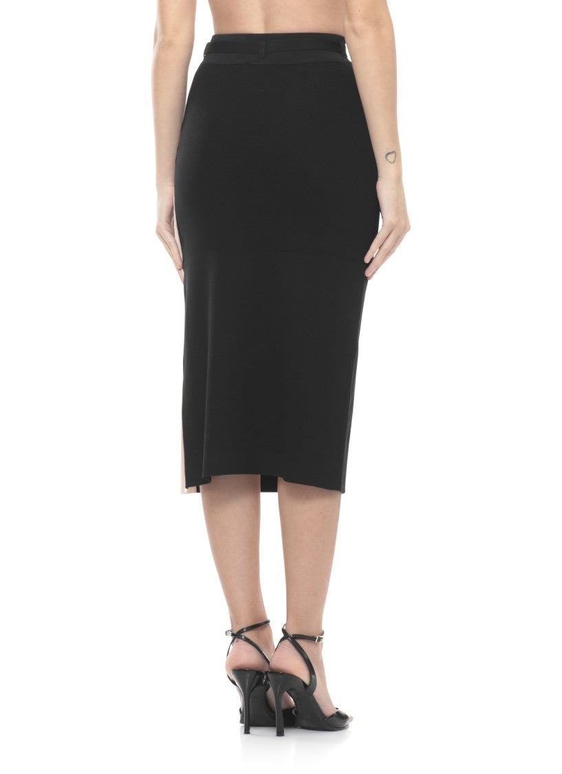 Elisabetta Franchi Pencil Midi Skirt With Logoed Belt And Contrasting Detail