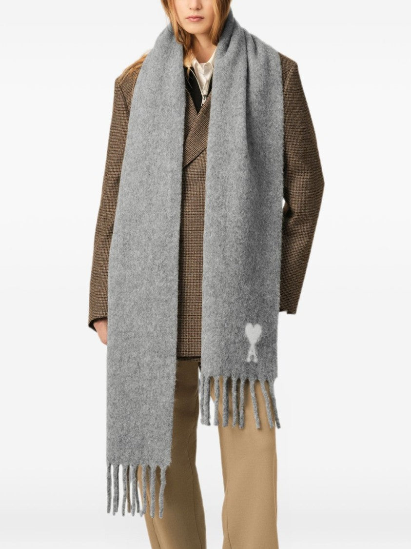 Ami Paris Grey Heart Motif Fringed Silk-Nylon Scarf