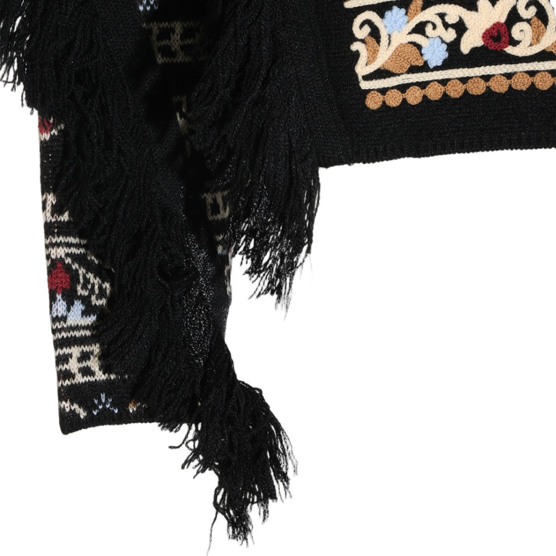 Farm Rio Black Embroidered Fringed Sweater