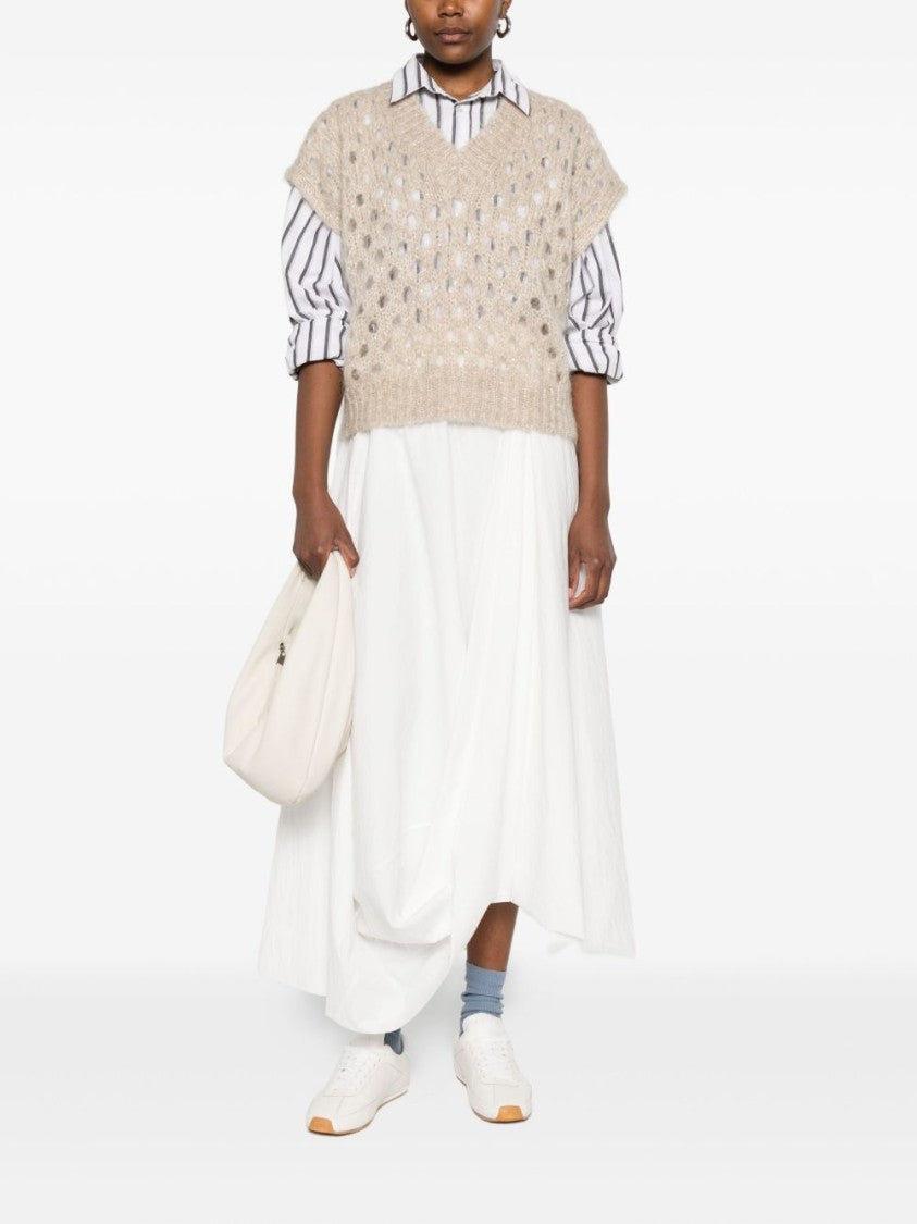 Brunello Cucinelli Cropped Open-Knit Sweater With V-Neckline