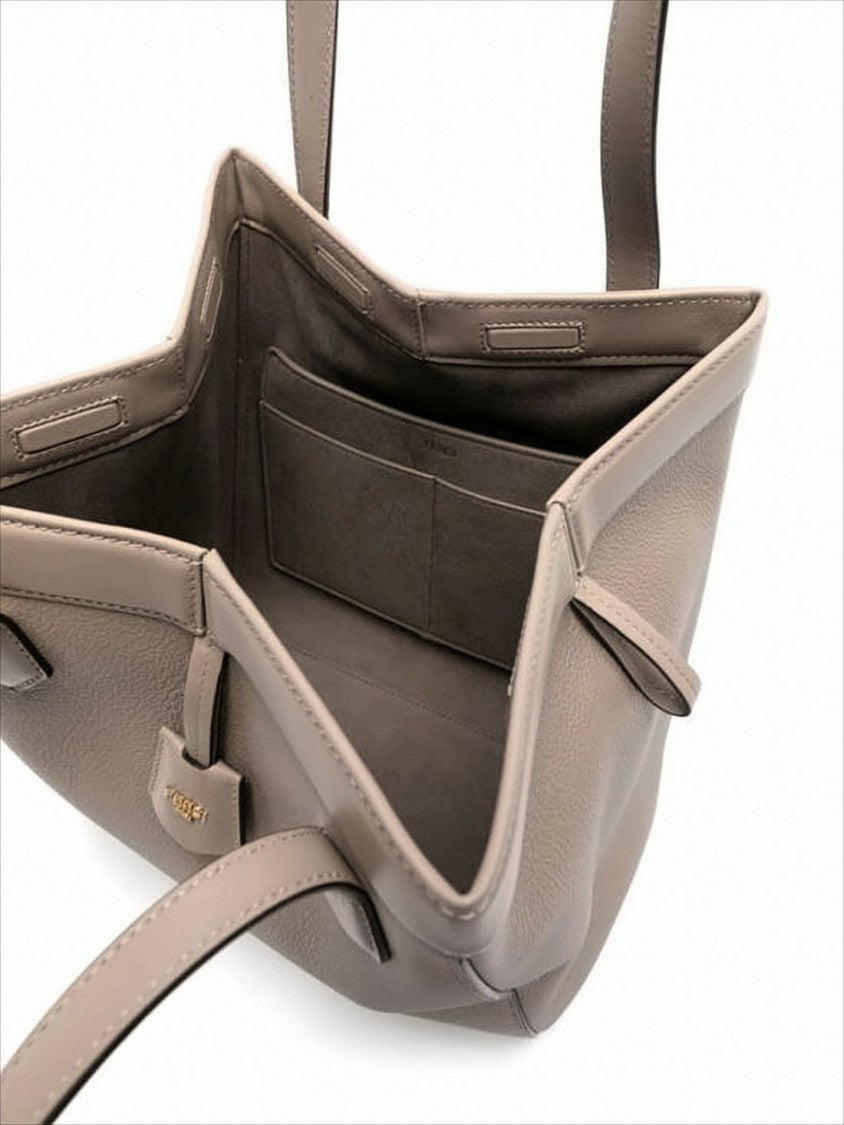 Fendi Structured Taupe Leather Shoulder Bag With Gold-Tone Detail