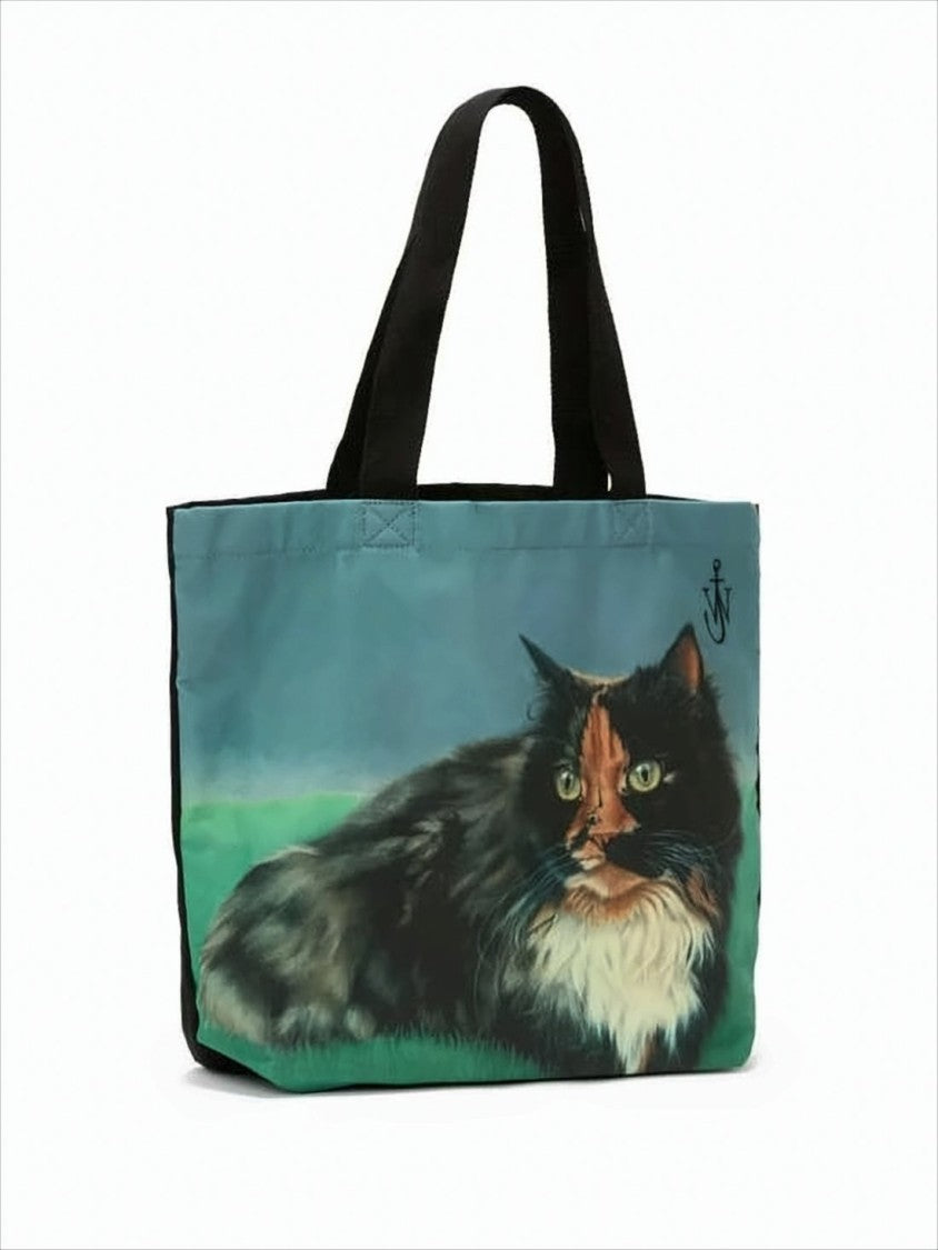 J. W. Anderson Cotton Tote Bag With Artistic Cat Print And Spacious Interior