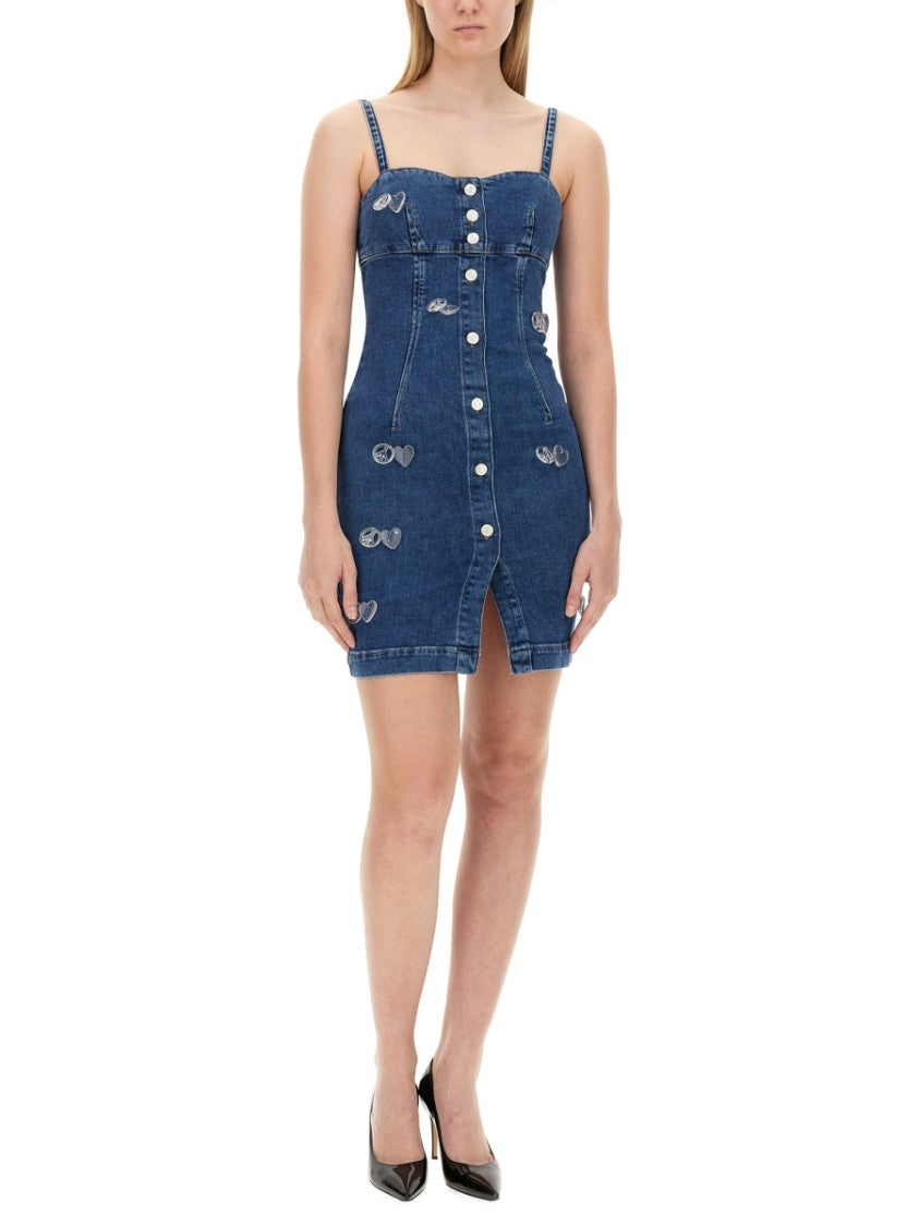 Moschino Fitted Denim Mini Dress With Sweetheart Neckline