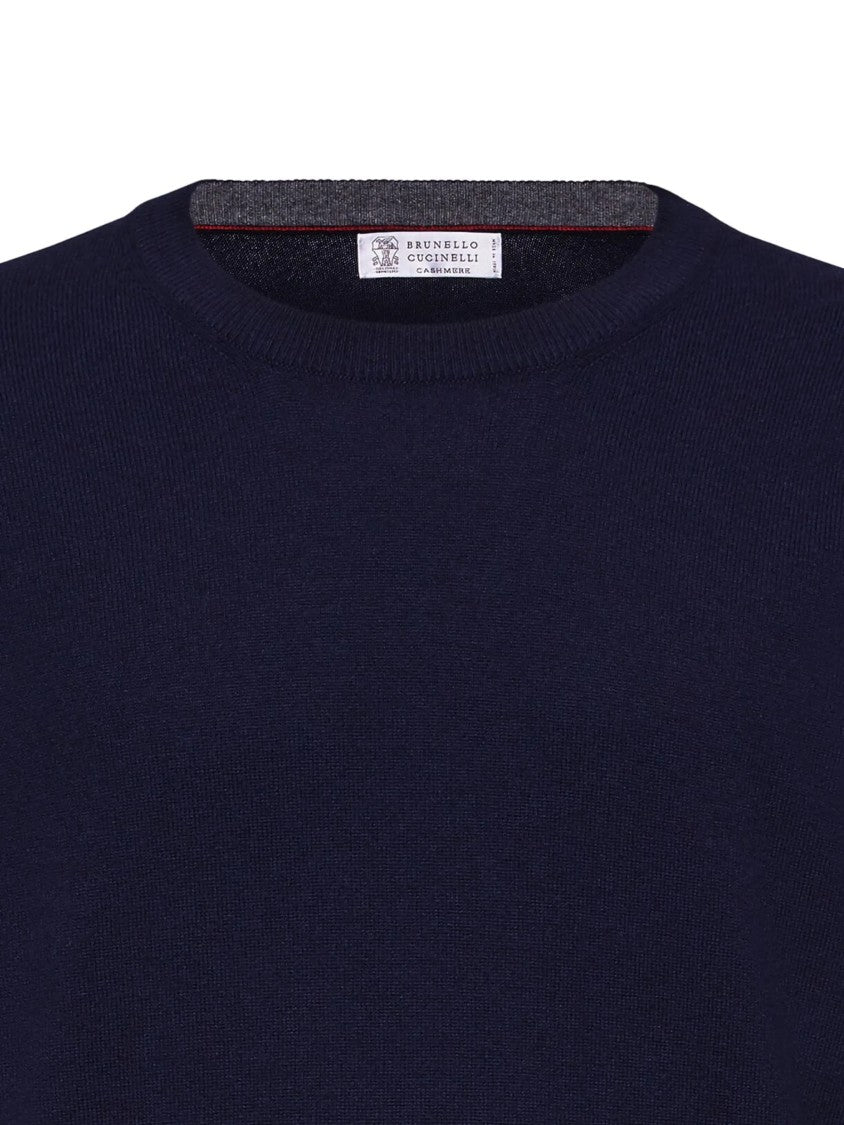 Brunello Cucinelli Deep Blue Cashmere Ribbed Crewneck Sweater