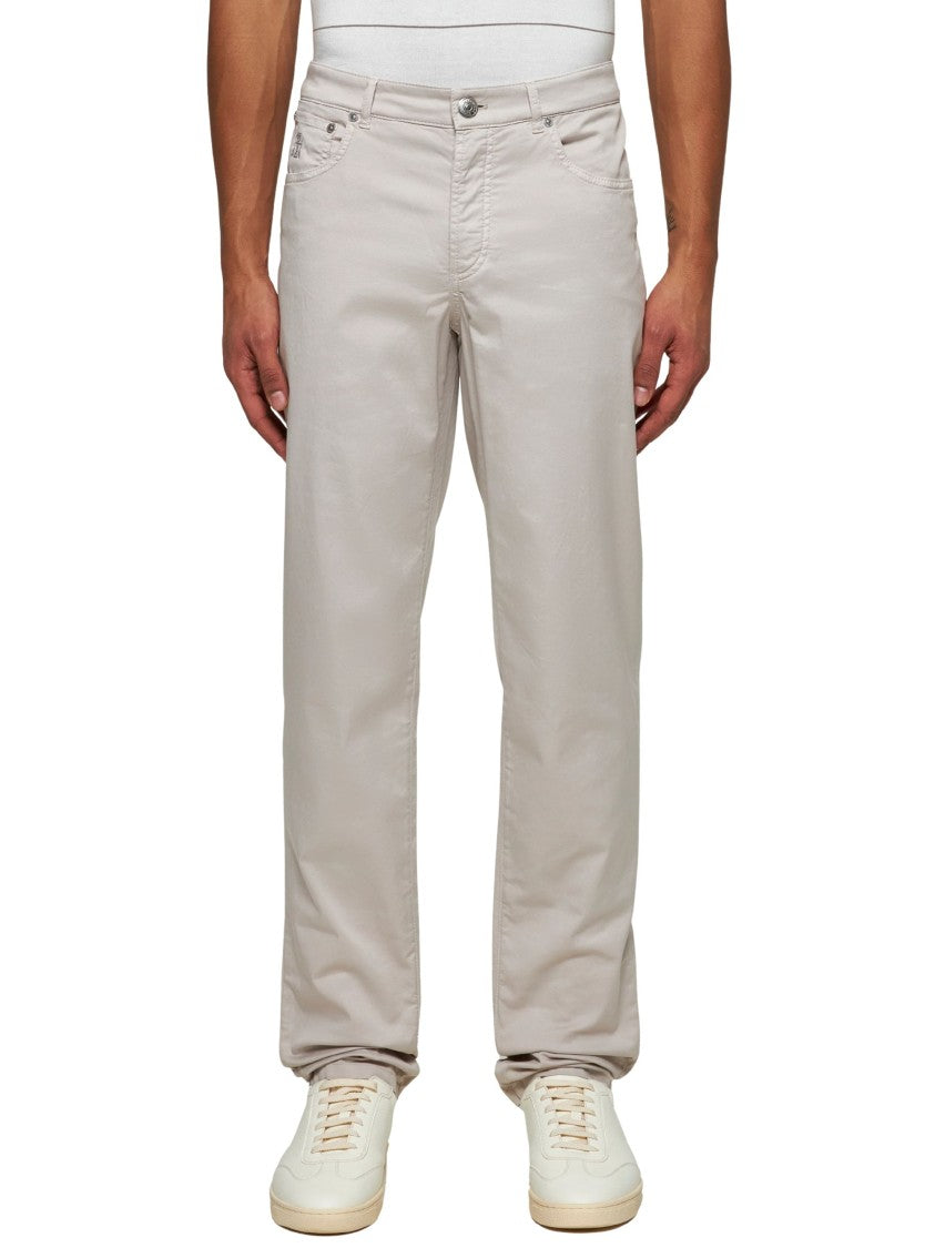 Brunello Cucinelli Beige Embroidered Logo Cotton Formal Pants