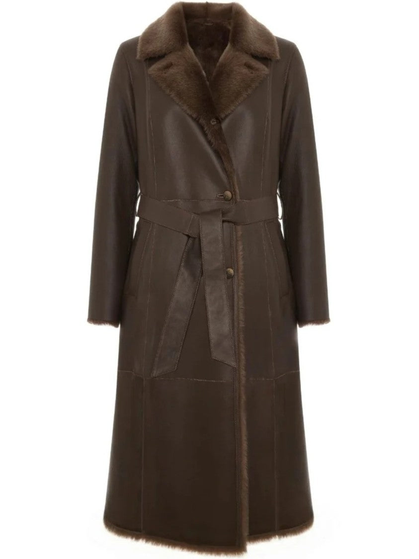 Bigardini Long Brown Merino Shearling Coat With Plush Collar And Tailored Fit