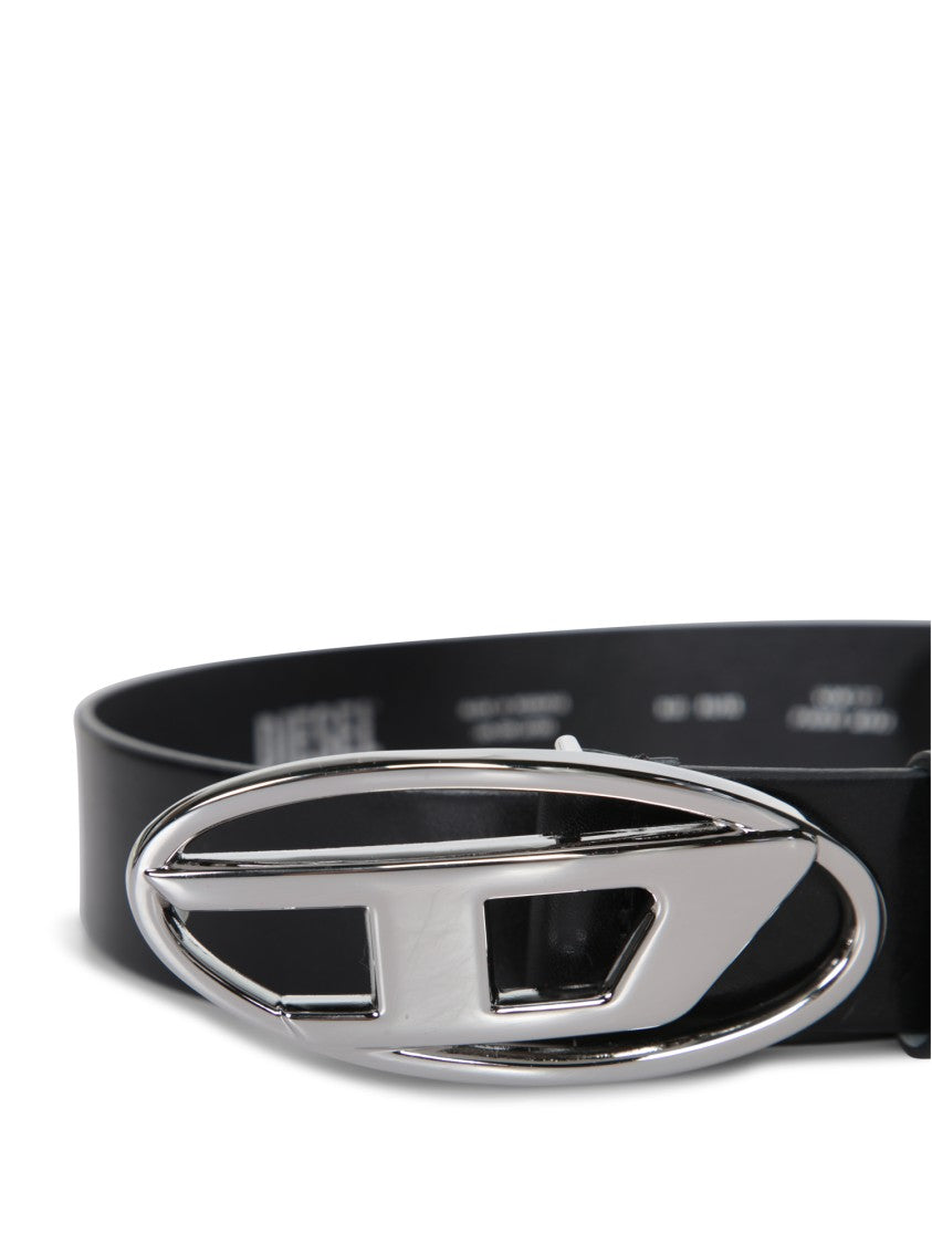 Diesel Black Leather Belt With Polished Metal Logo Buckle