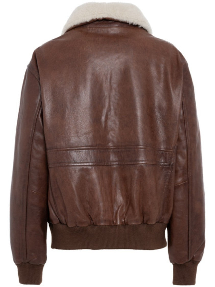 Tela Brown Lamb Leather Bomber Jacket With Shearling Collar