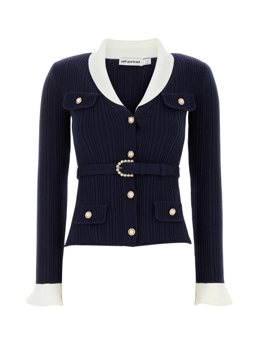 Self-Portrait Blue Ribbed Viscose Cardigan