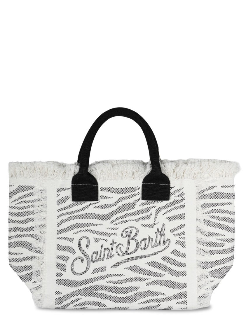 Mc2 Saint Barth Grey Cotton Tote Bag With Animal Print And Fringed Edges