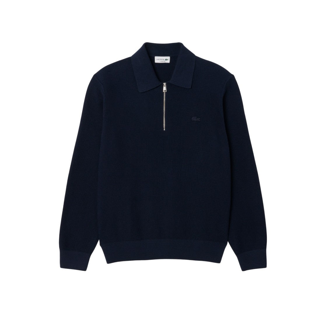 Lacoste Ribbed Blue Half-Zip Sweater With Classic Collar