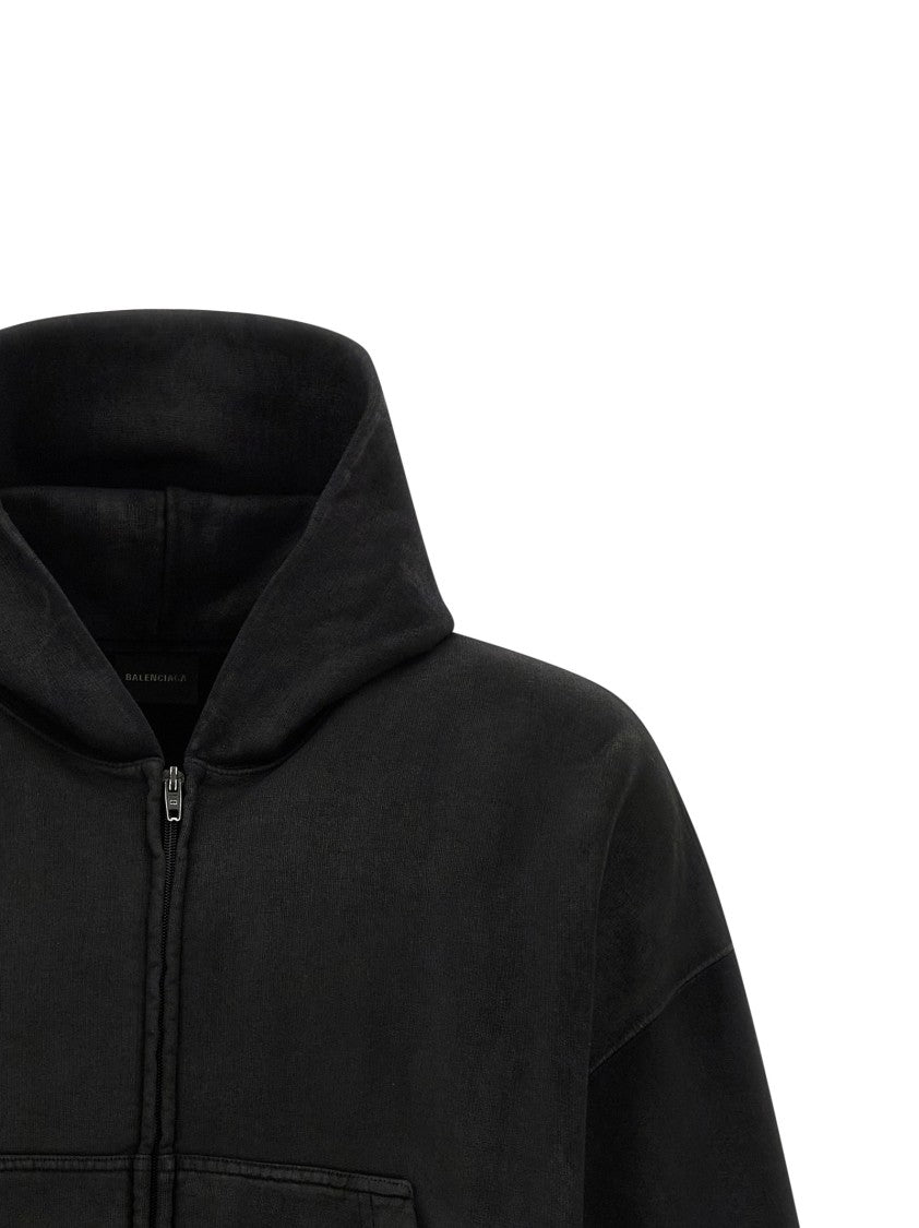 Balenciaga Cropped Black Hoodie With Délavé Effect And Zip Closure