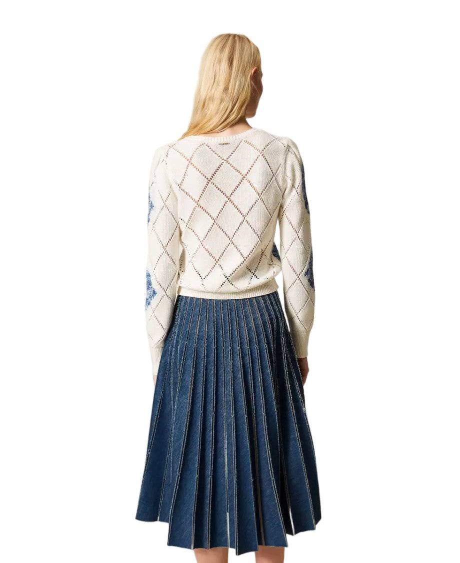 Twin-Set Pleated Denim Perforated Flared Maxi Skirt