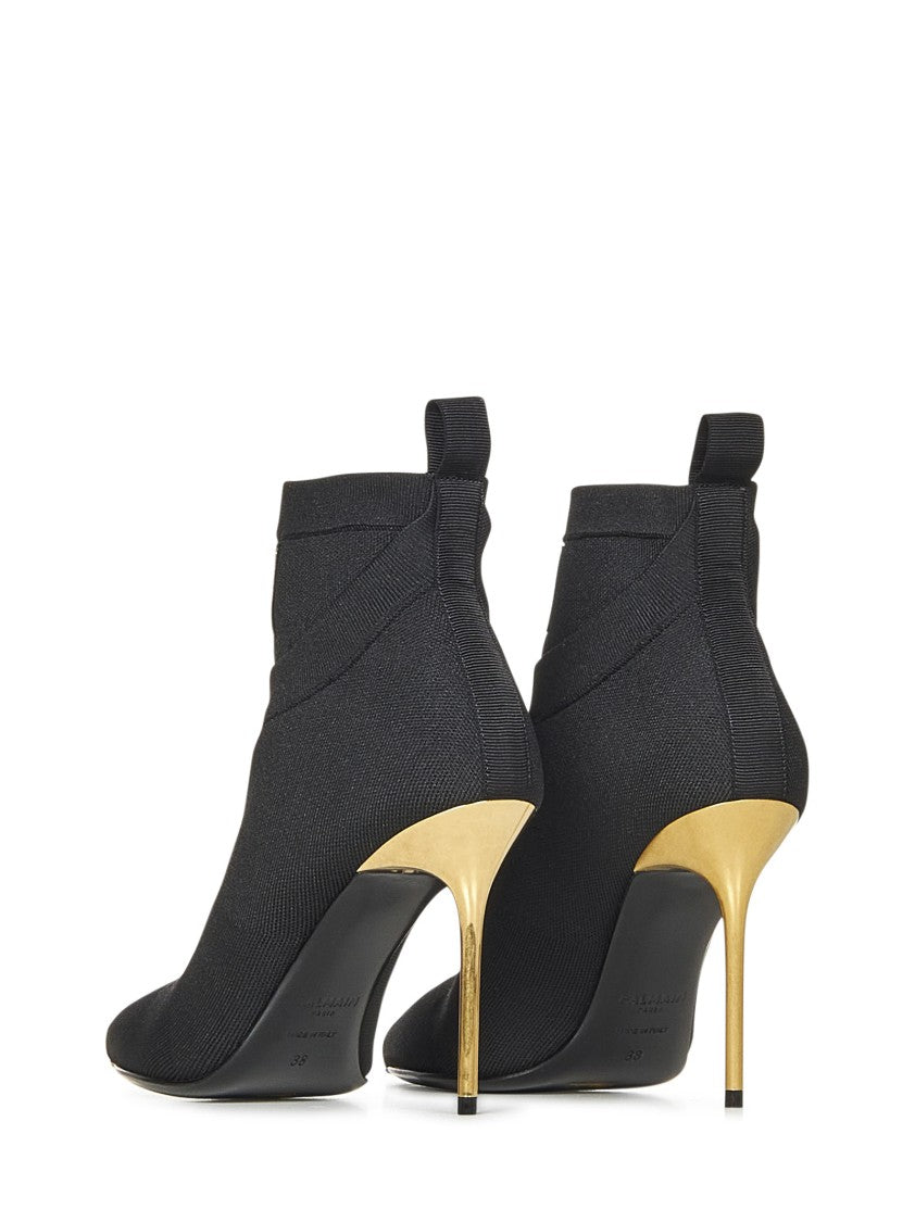 Balmain Black Stretch Knit Ankle Boots With Gold Lacquered Stiletto Heel