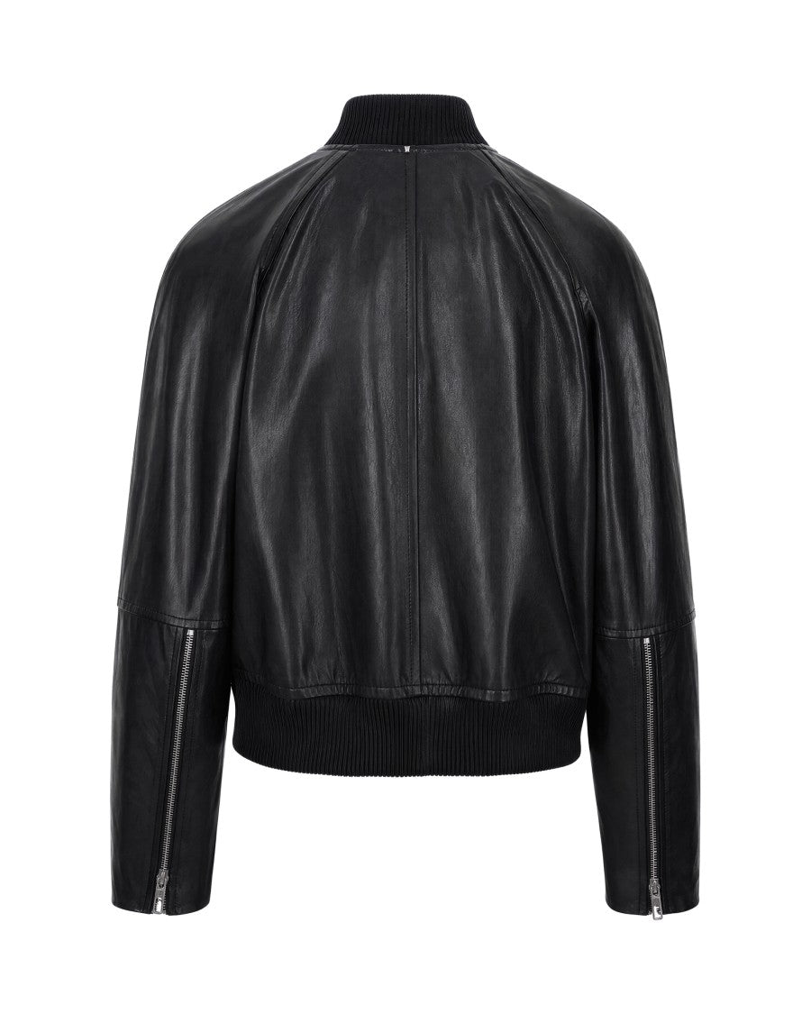 Sportmax Black Smooth Lambskin Ribbed Collar Zip Bomber Jacket