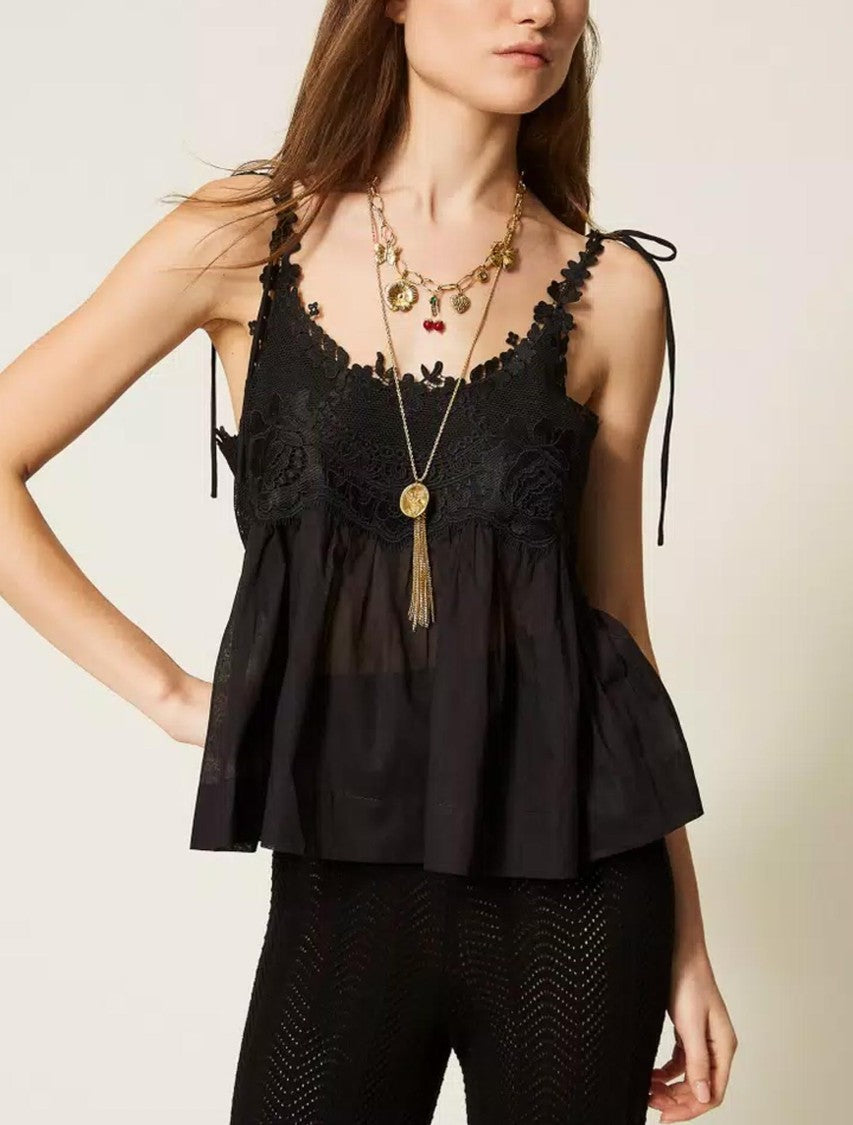 Twin-Set Sleeveless Black Top With Delicate Crochet Detailing