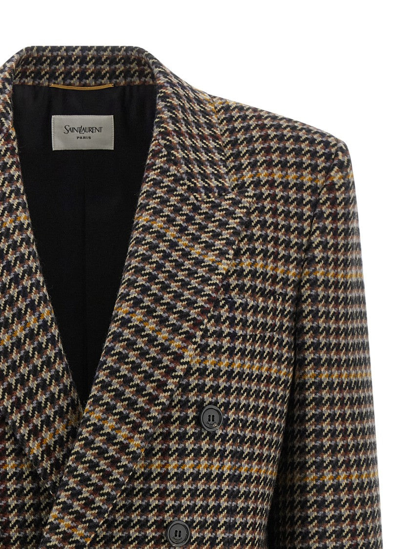 Saint Laurent Double-Breasted Wool Blazer With Houndstooth Pattern