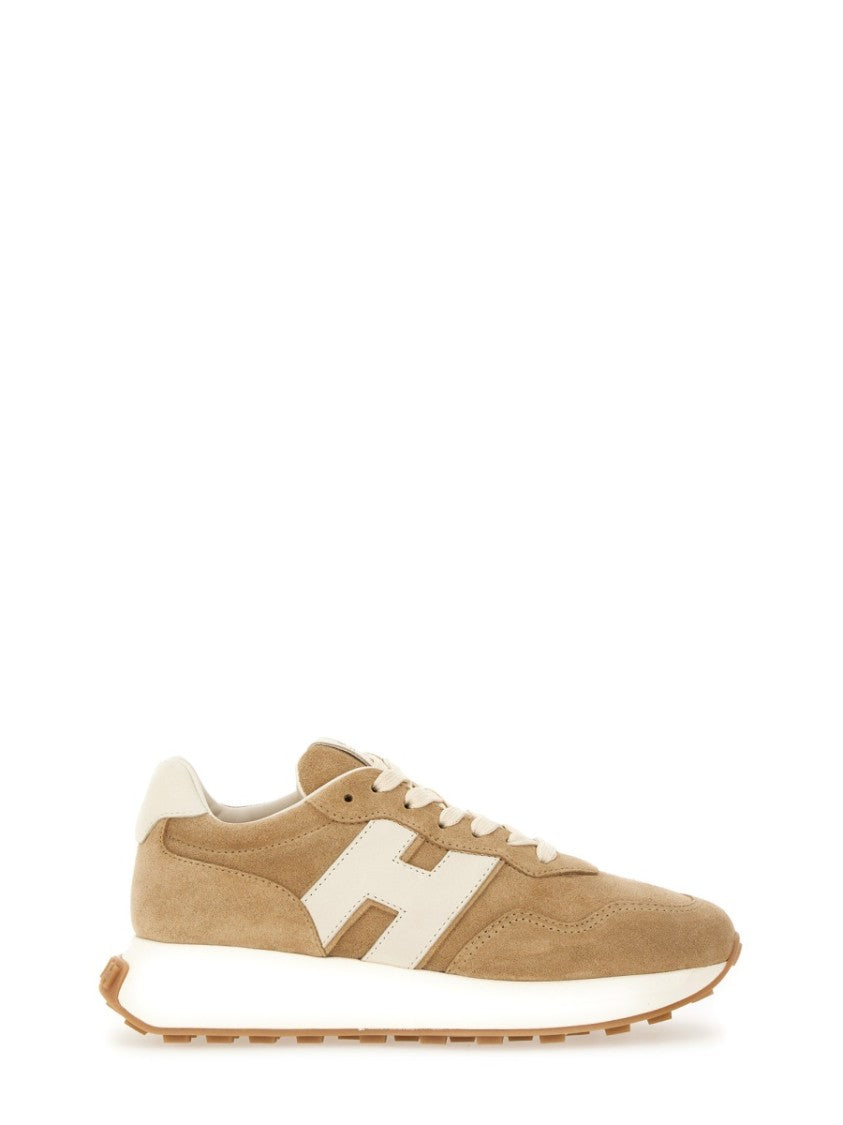 Hogan Beige Suede Sneakers With Contrasting Logo And Textured Sole