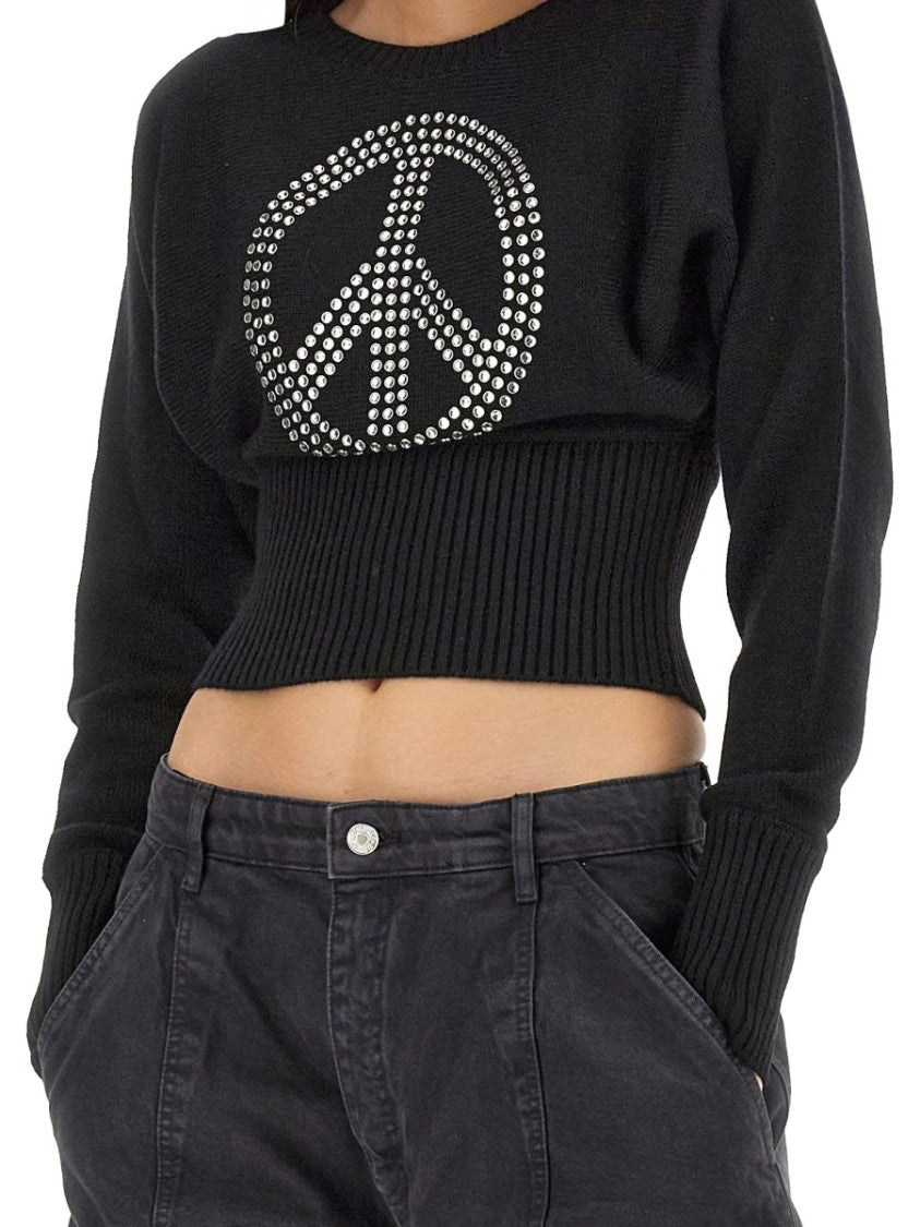 Moschino Cropped Black Jersey With Rhinestone Peace Symbol