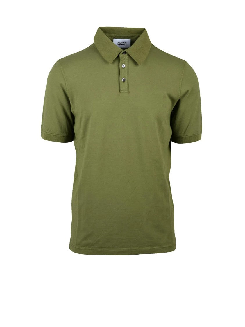 Alpha Studio Military Green Cotton Elastane Stretch Polo Shirt