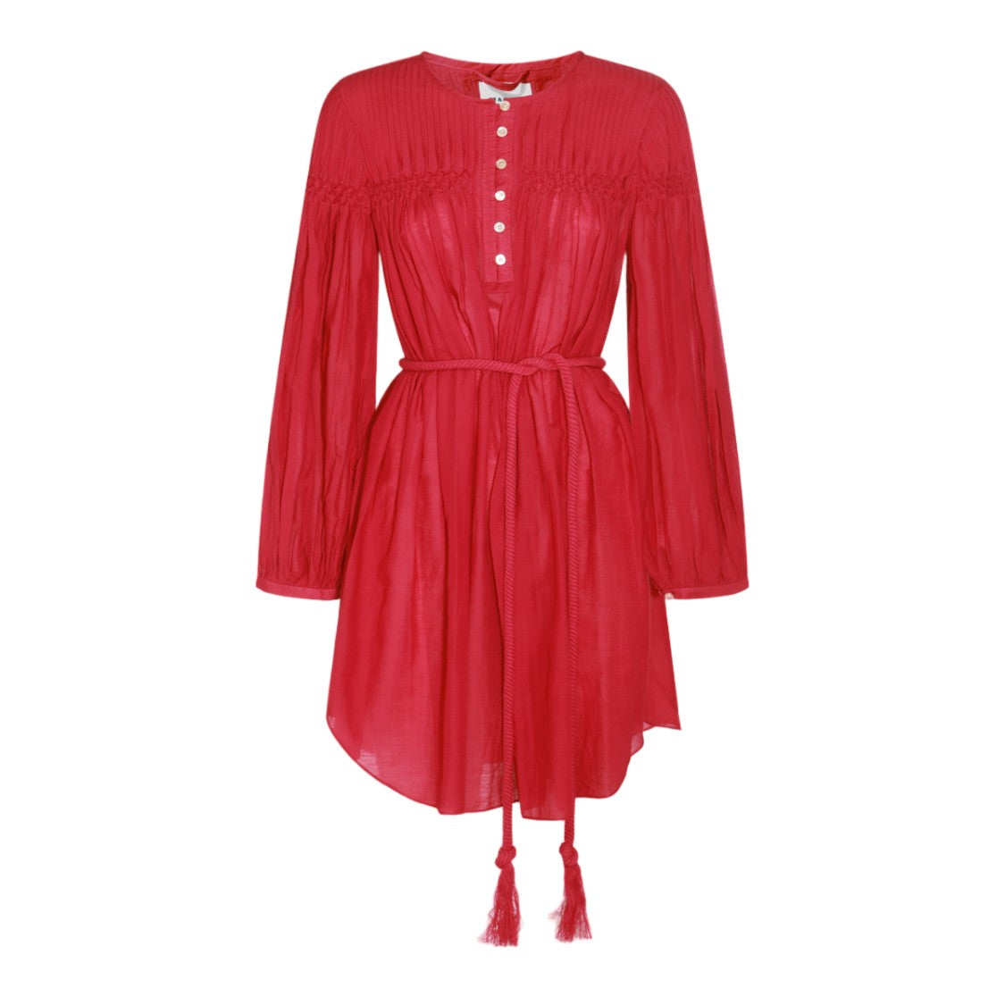 Isabel Marant Étoile Vibrant Red Bohemian Mini Dress With Pleated Details And Tassel Belt
