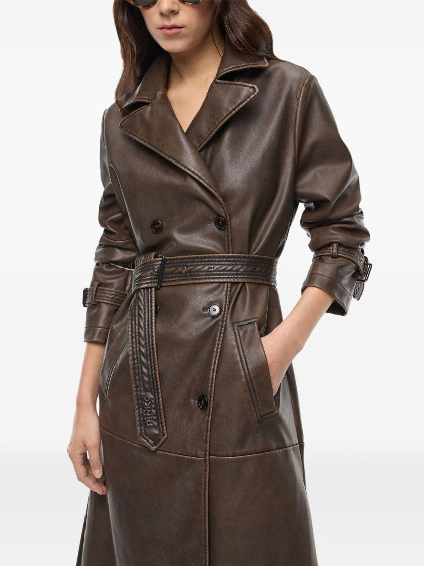 Pinko Dark Brown Knee-Length Double-Breasted Faux Leather Jacket