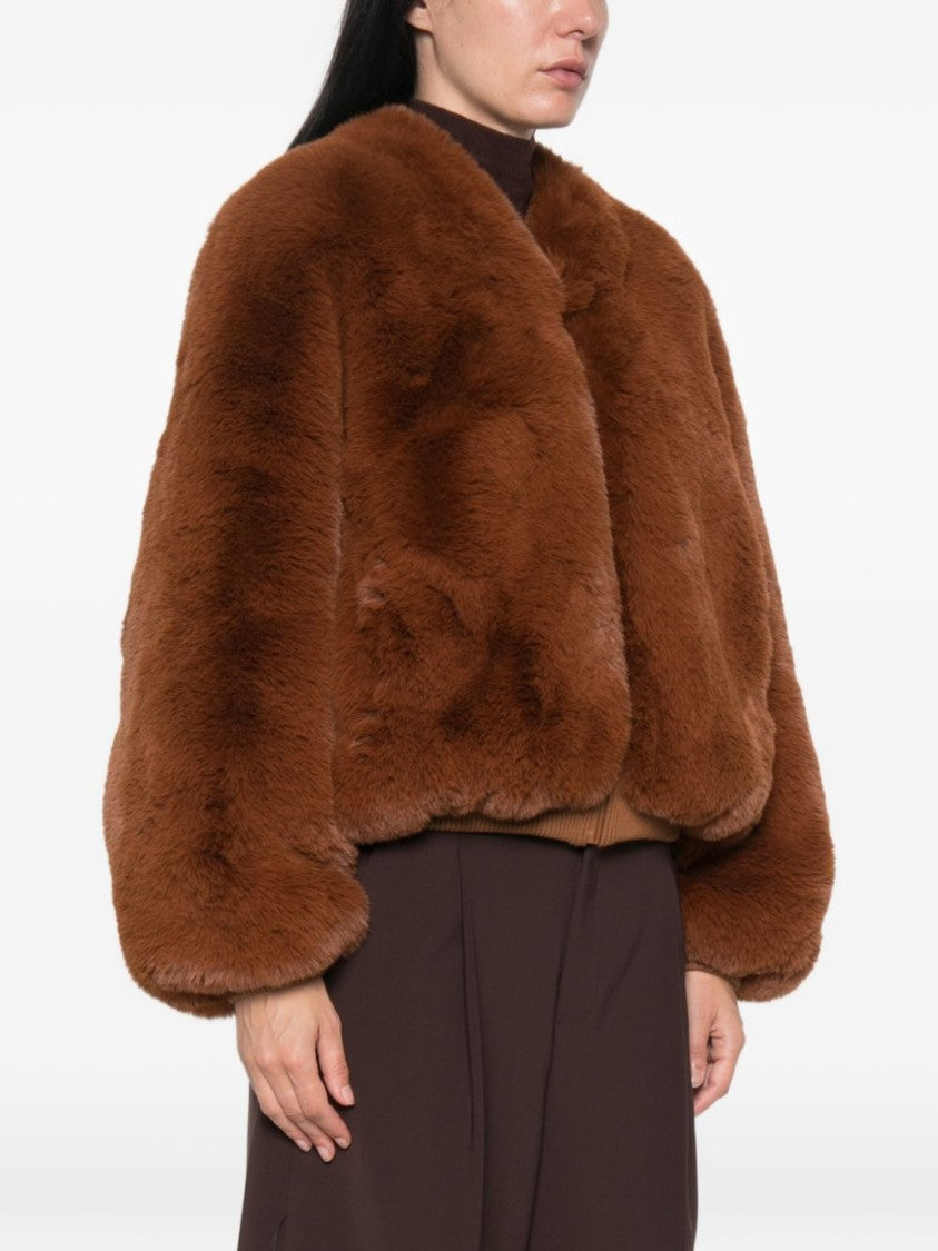The Frankie Shop Brown Cropped Ribbed Faux Fur Jacket