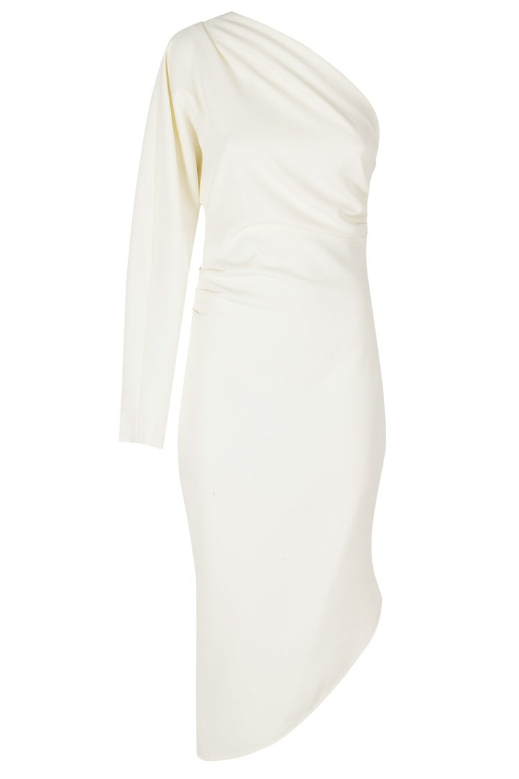 Federica Tosi Beige Draped One-Shoulder Asymmetrical Polyester Long Evening Dress