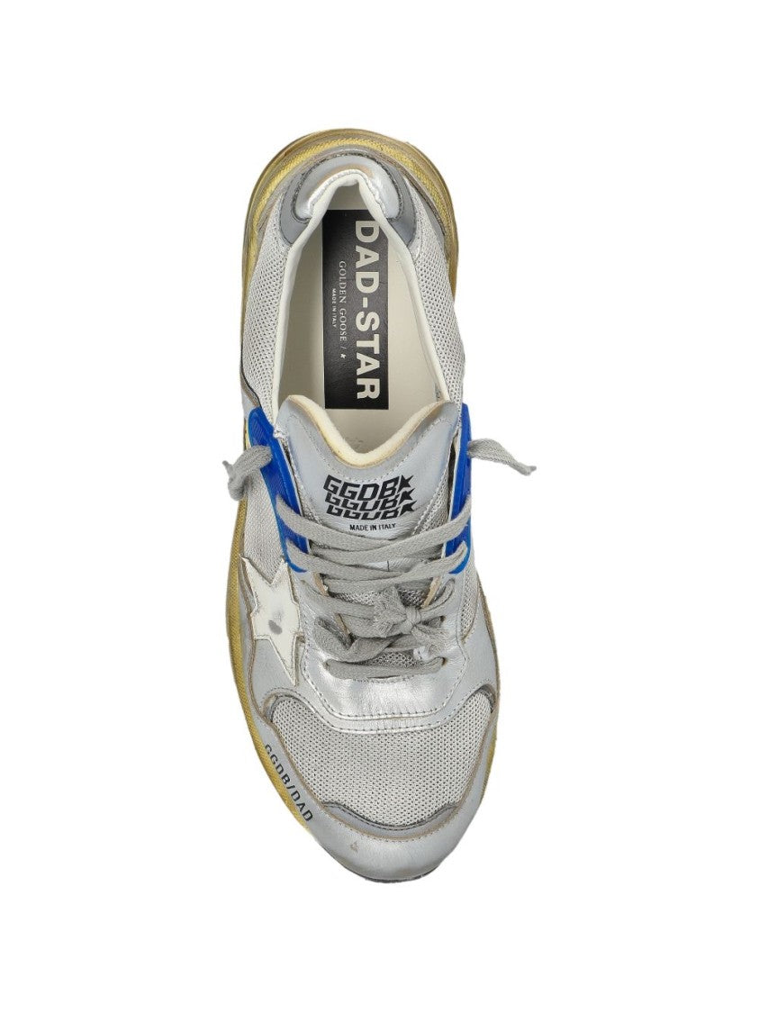 Golden Goose Metallic Silver Sneakers With Bold Blue Detail And Vintage Accents