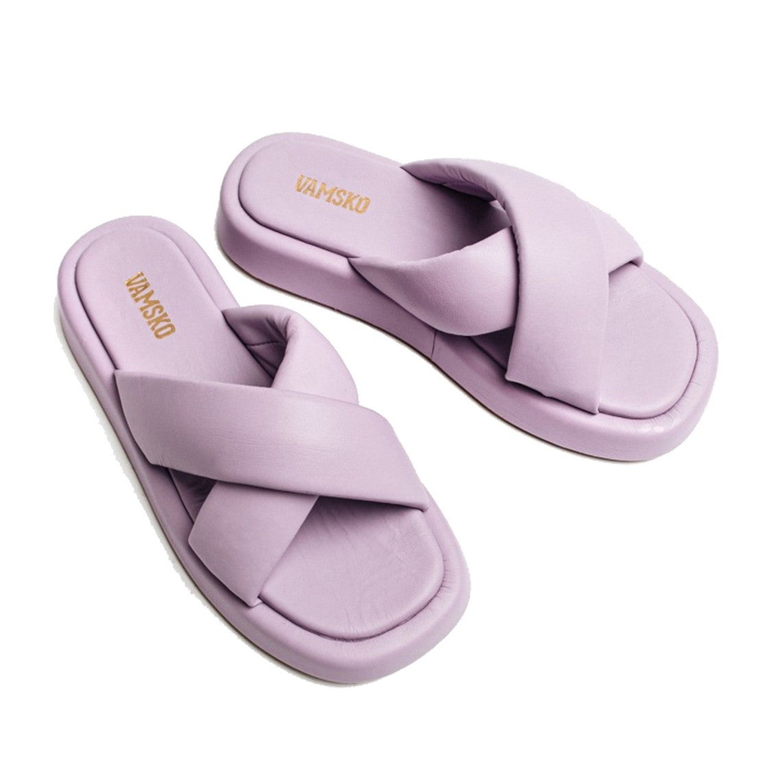 Vamsko Purple Leather Pillow Wedge Slippers