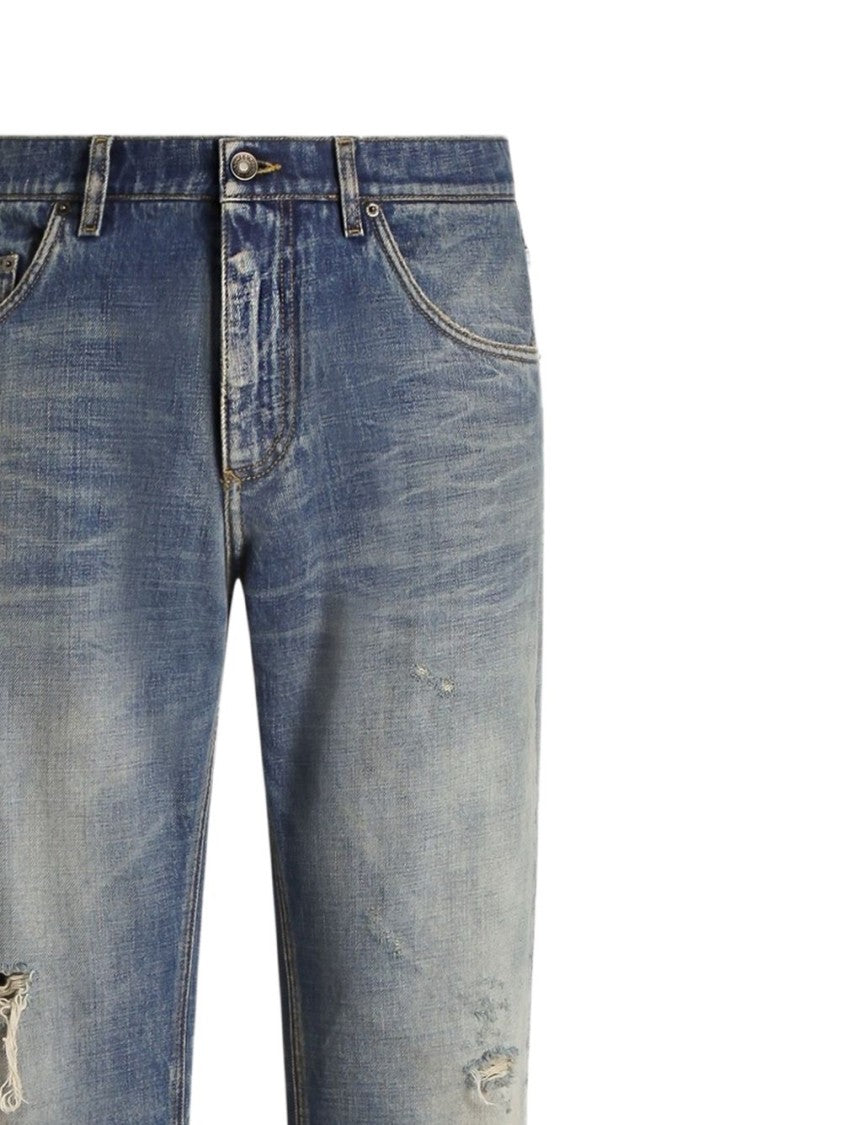 Dolce & Gabbana Blue Faded Denim Distressed Five-Pocket Jeans