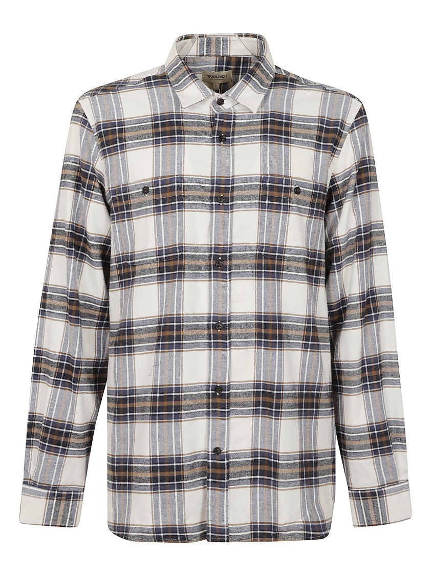 Woolrich Cream-Blue Tartan Cotton Flannel Shirt With Mother-Of-Pearl Buttons