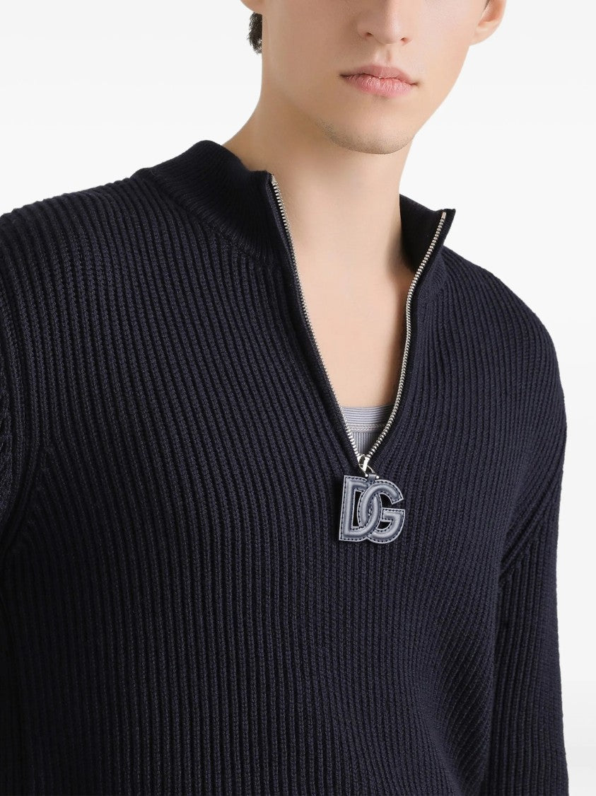 Dolce & Gabbana Blue Ribbed Knit Half-Zip Wool Pullover