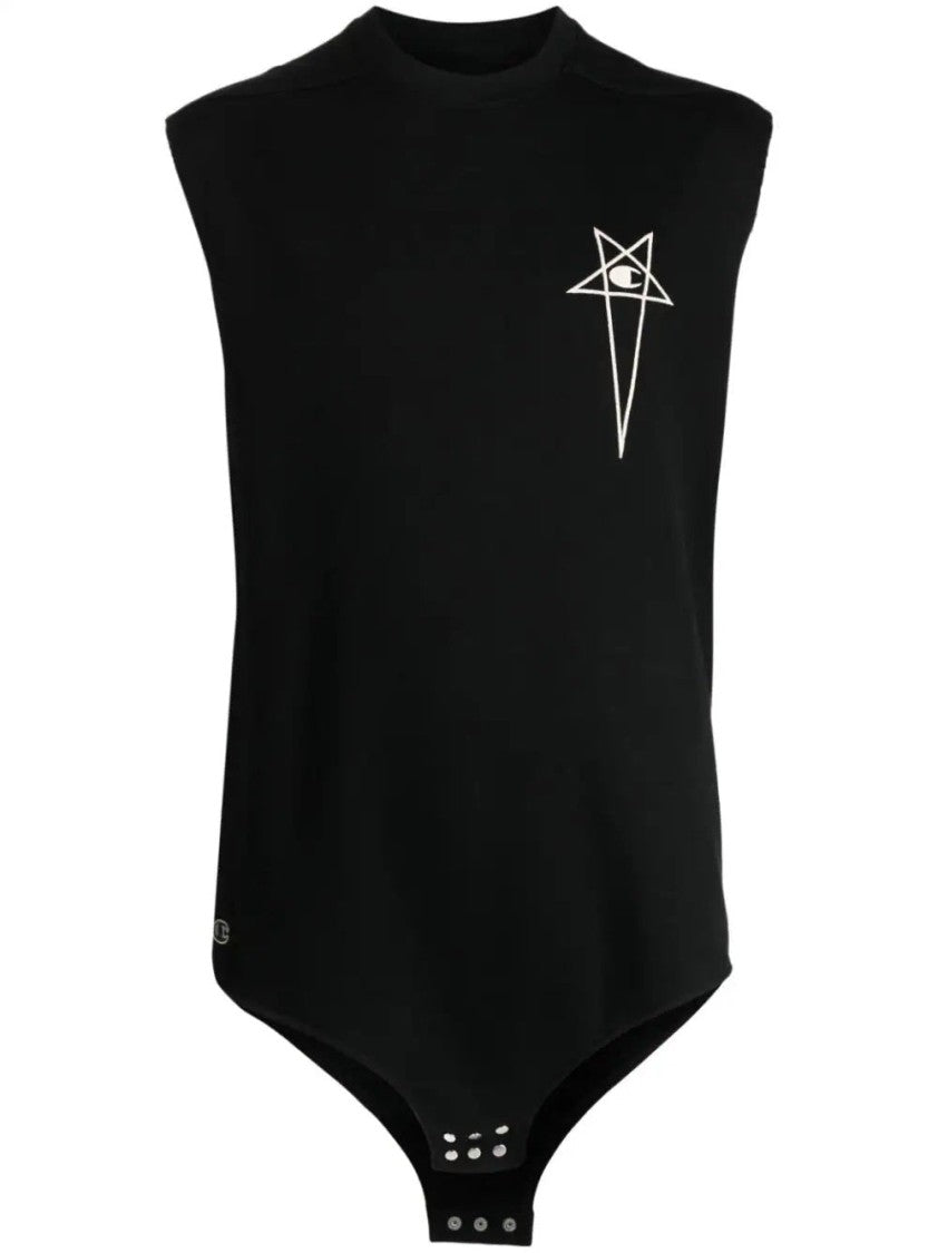 Rick Owens X Champion Black Short Sleeve Bodysuit With Emblem