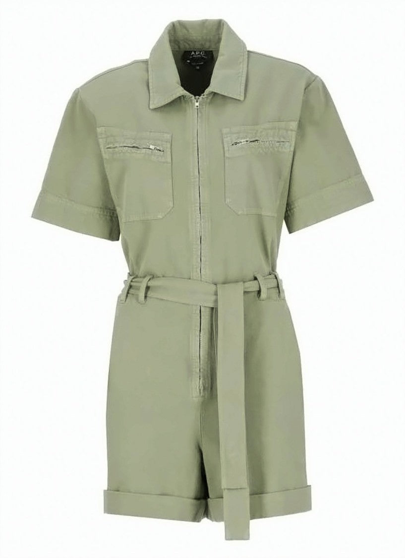 A.P.C. Structured Green Cotton Jumpsuit With Zip Closure